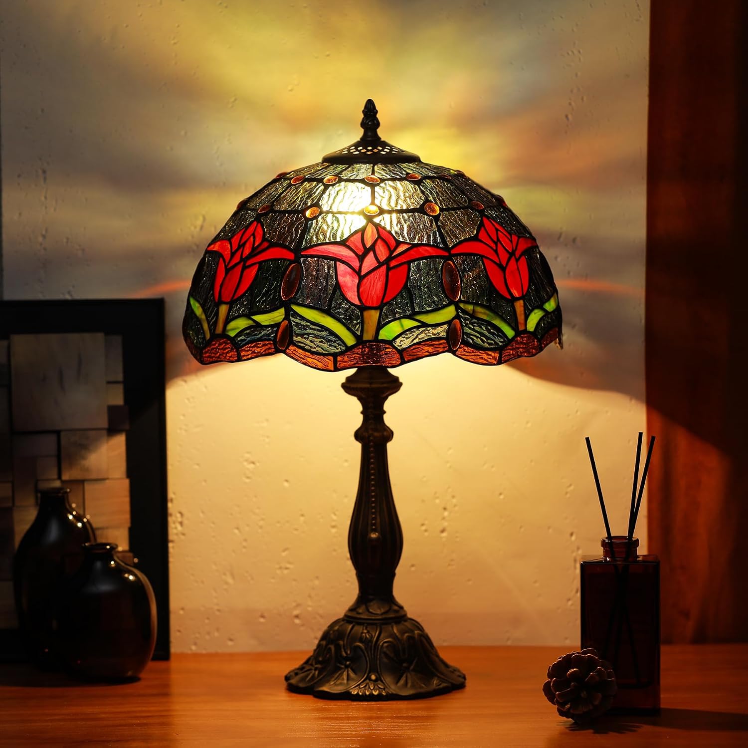Tiffany Lamps Red Tulip Style Stained Glass Table Lamp Desk Bedside Reading Light 12X12X18.5 Inches with Bronze Resin Base Applicable to Bedroom Living Room Office