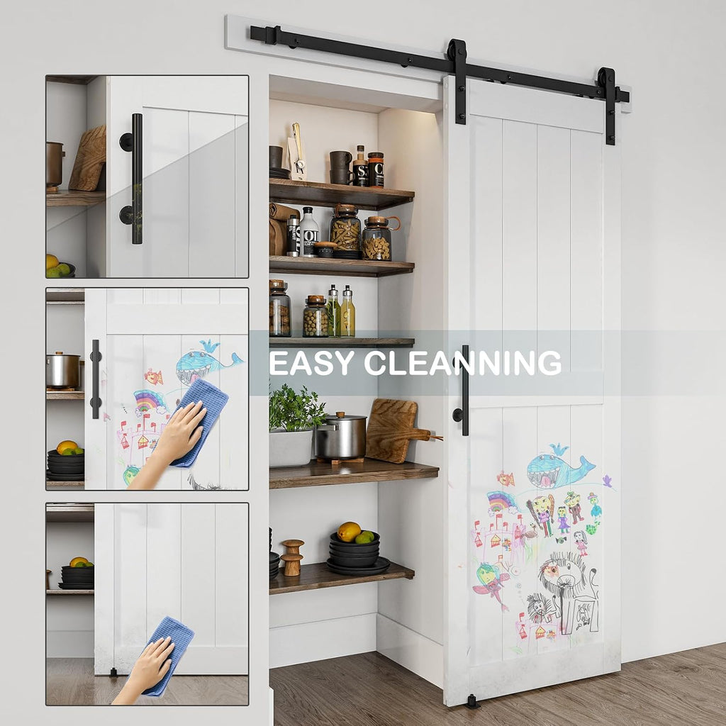 28''x84'' Sliding Barn Door with 5 Ft Barn Door Hardware Kit& Handle& Floor Guides,Pre-Drilled Holes Easy Assembly - Include Installation Manual, Water-Proof PVC Surface, H-Frame, White