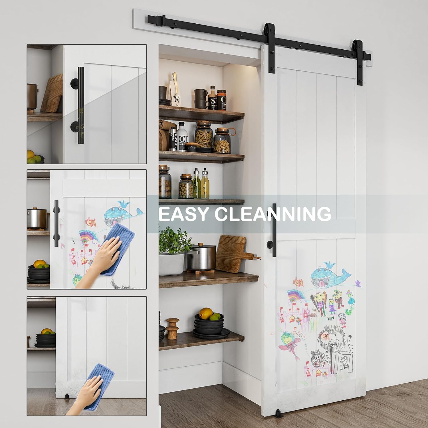 28''x84'' Sliding Barn Door with 5 Ft Barn Door Hardware Kit& Handle& Floor Guides,Pre-Drilled Holes Easy Assembly - Include Installation Manual, Water-Proof PVC Surface, H-Frame, White