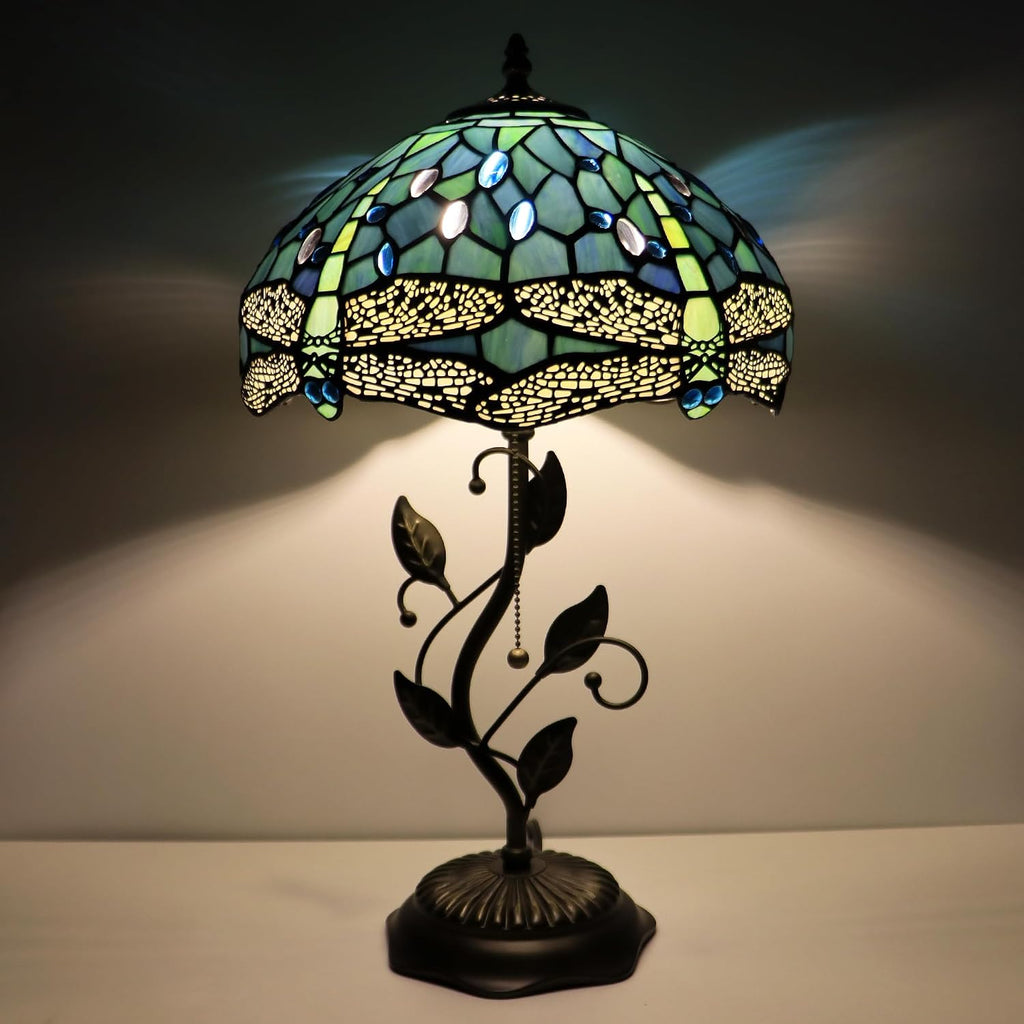 Tiffany Lamp Sea Blue Dragonfly Style Stained Glass Table Lamp Desk Bedside Reading Light 12X12X19 Inches with Metal Leaf Base