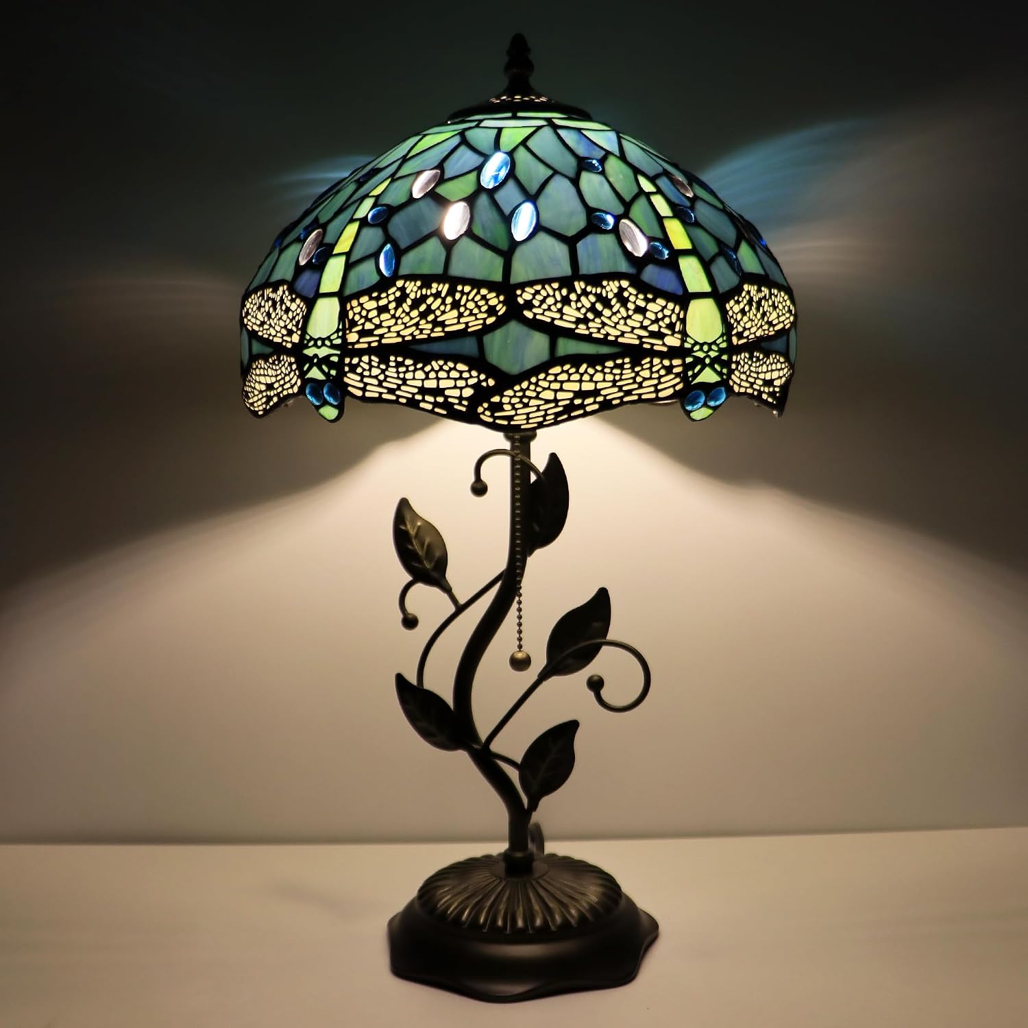 Tiffany Lamp Sea Blue Dragonfly Style Stained Glass Table Lamp Desk Bedside Reading Light 12X12X19 Inches with Metal Leaf Base