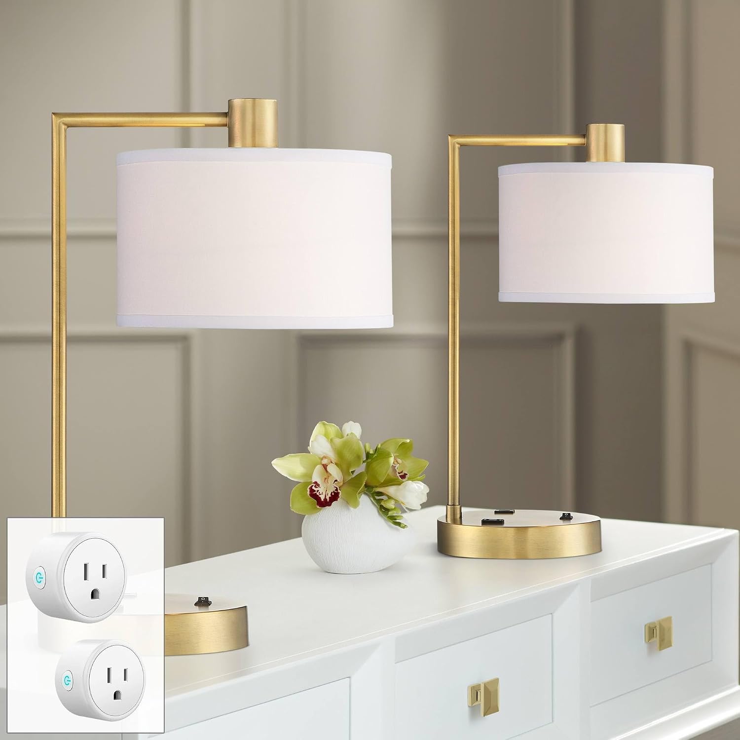 360 Lighting Colby 21' High Small Modern Desk Lamps Set of 2 with Smart Sockets Gold Metal White Shade Home Office Living Room Charging Bedroom Bedside Nightstand House Reading