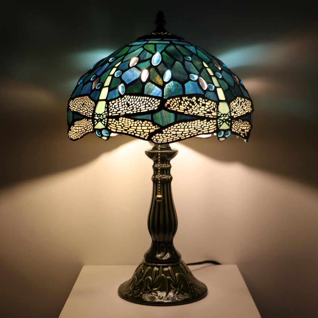 Tiffany Lamp Stained Glass Table Lamps Sea Blue Dragonfly Style Desk Lamp 12X12X18.5 Inch Bronze Ceramic Base Reading Light Suitable for Bedside Bedroom Living Room Dining Room Office