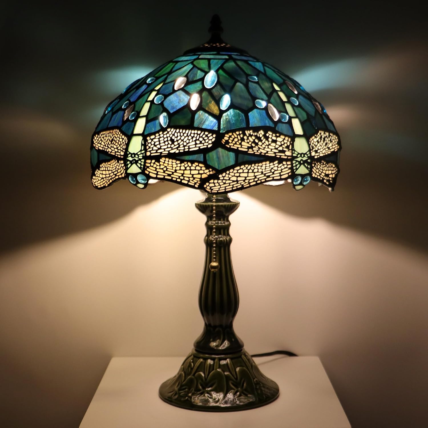 Tiffany Lamp Stained Glass Table Lamps Sea Blue Dragonfly Style Desk Lamp 12X12X18.5 Inch Bronze Ceramic Base Reading Light Suitable for Bedside Bedroom Living Room Dining Room Office