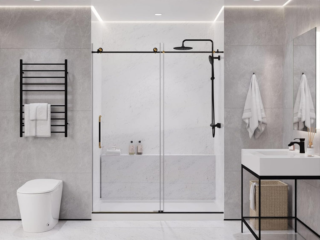 ANZZI Frameless Shower Door 76' x 60' Frameless Shower Door with Sliding - Matte Black and Brushed Gold - Madam Series
