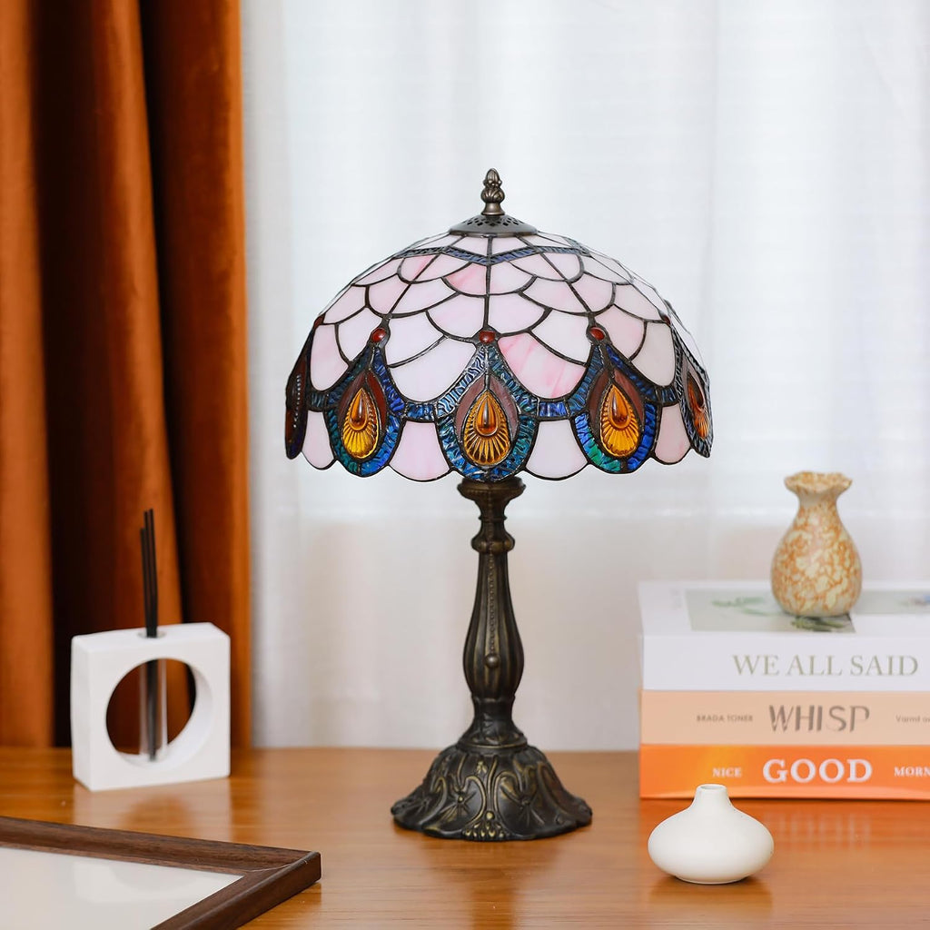 Tiffany Lamps Light Pink Peacock Tail Style Stained Glass Table Lamp Desk Bedside Reading Light 12X12X18.5 Inches with Bronze Resin Base Applicable to Bedroom Living Room Office