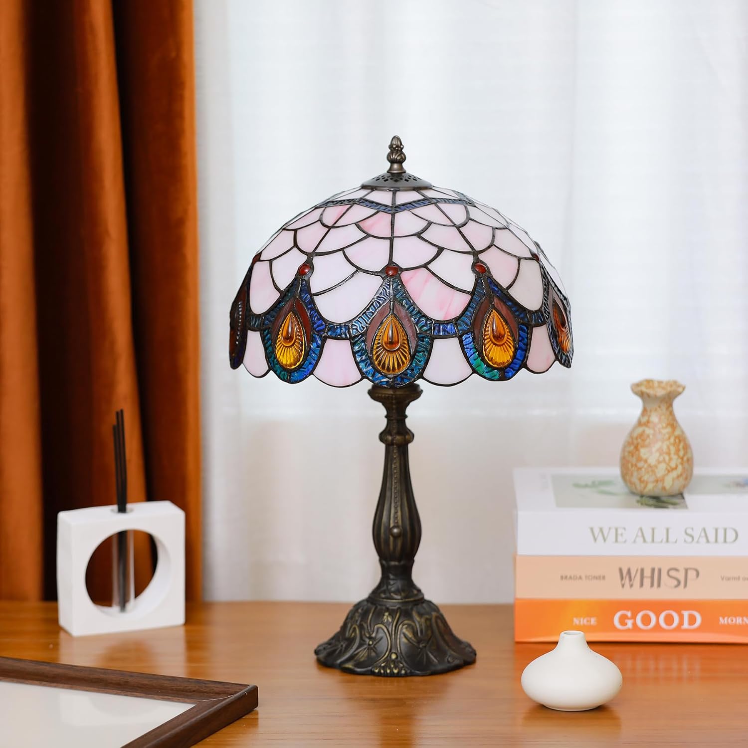 Tiffany Lamps Light Pink Peacock Tail Style Stained Glass Table Lamp Desk Bedside Reading Light 12X12X18.5 Inches with Bronze Resin Base Applicable to Bedroom Living Room Office