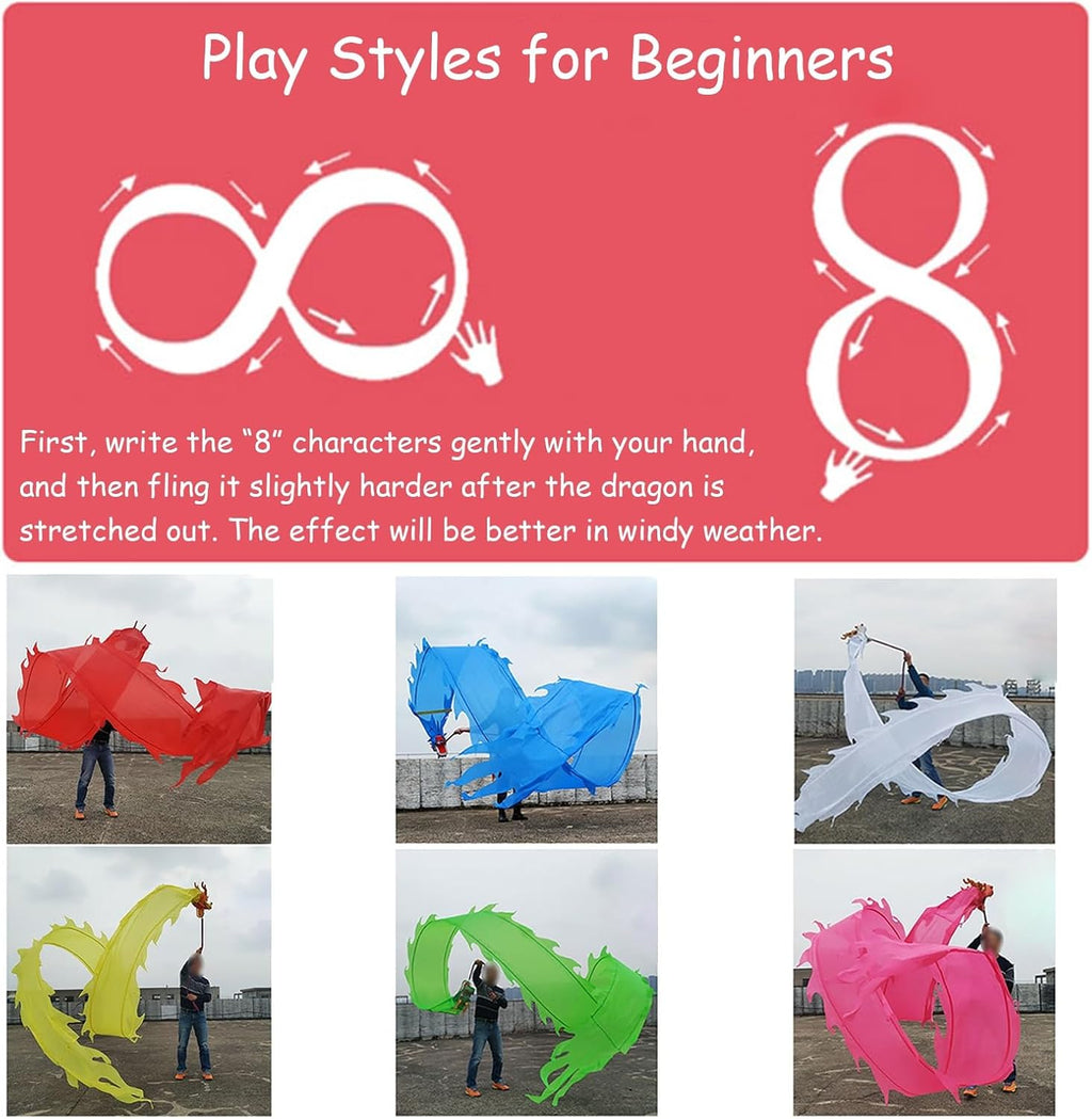 Green Dragon Ribbon with 3D Plastic Dragon Head, Dazzling Light Up Outdoor Dragon Dance Silk Poi for Garden, Park, Handheld Flowy Juggling Fitness Throw Streamer