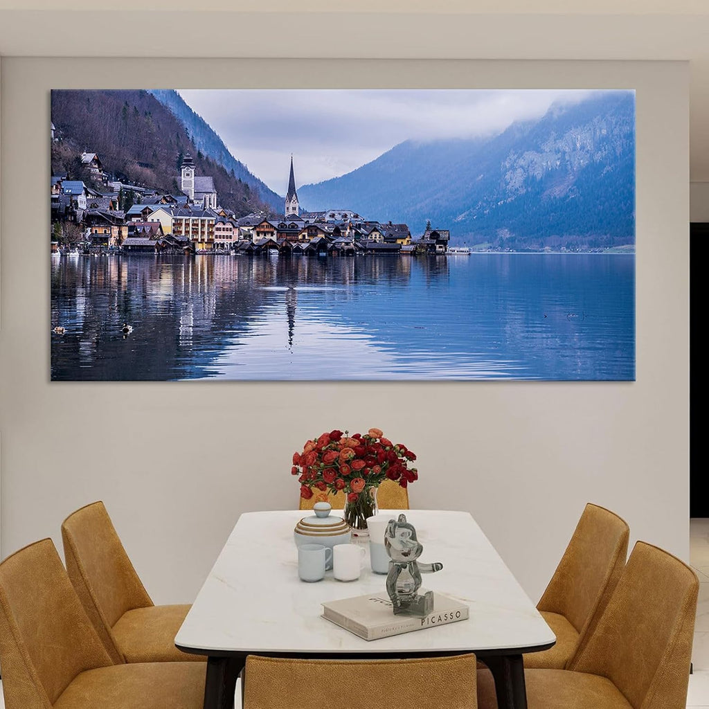 Large European Hallstatt Alpine Village Wall Art Austrian Lakeside Town Canvas Print Misty Mountain Landscape Posters Reflected Houses Travel Home Decor Artwork for Living Room 20x40inch Framed