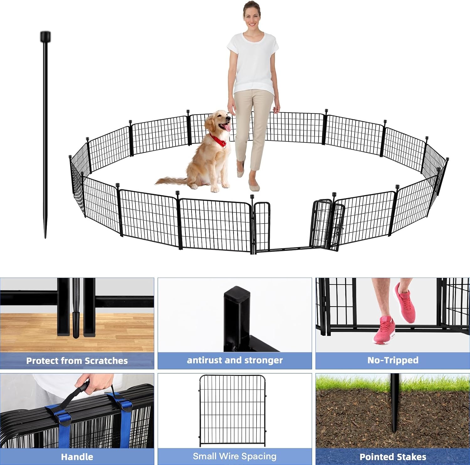 ADAVIN 24 in(H) Garden Fence with Gate, 14 Panels Heavy Duty Iron Metal Animal Barrier Fence, Camping Fence, Garden Fences and Borders for Dogs,Total 34.5 Ft(L), Black