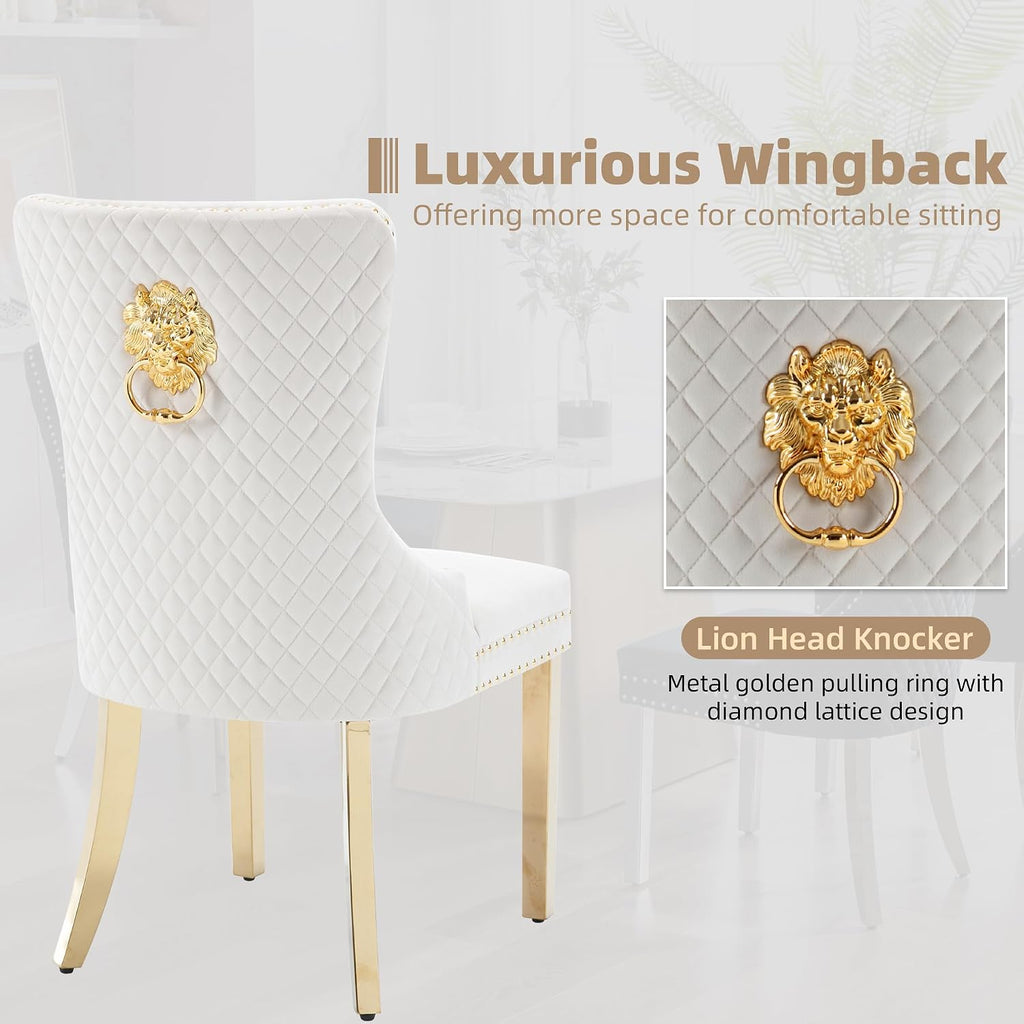 Velvet Dining Chairs Set of 2, Upholstered Dining Room Chairs, Mid-Century Modern Chairs with Diamond Lattice Tufted Back, Lion Pull Ring Rivet Trim, Golden Metal Legs for Kitchen, Beige