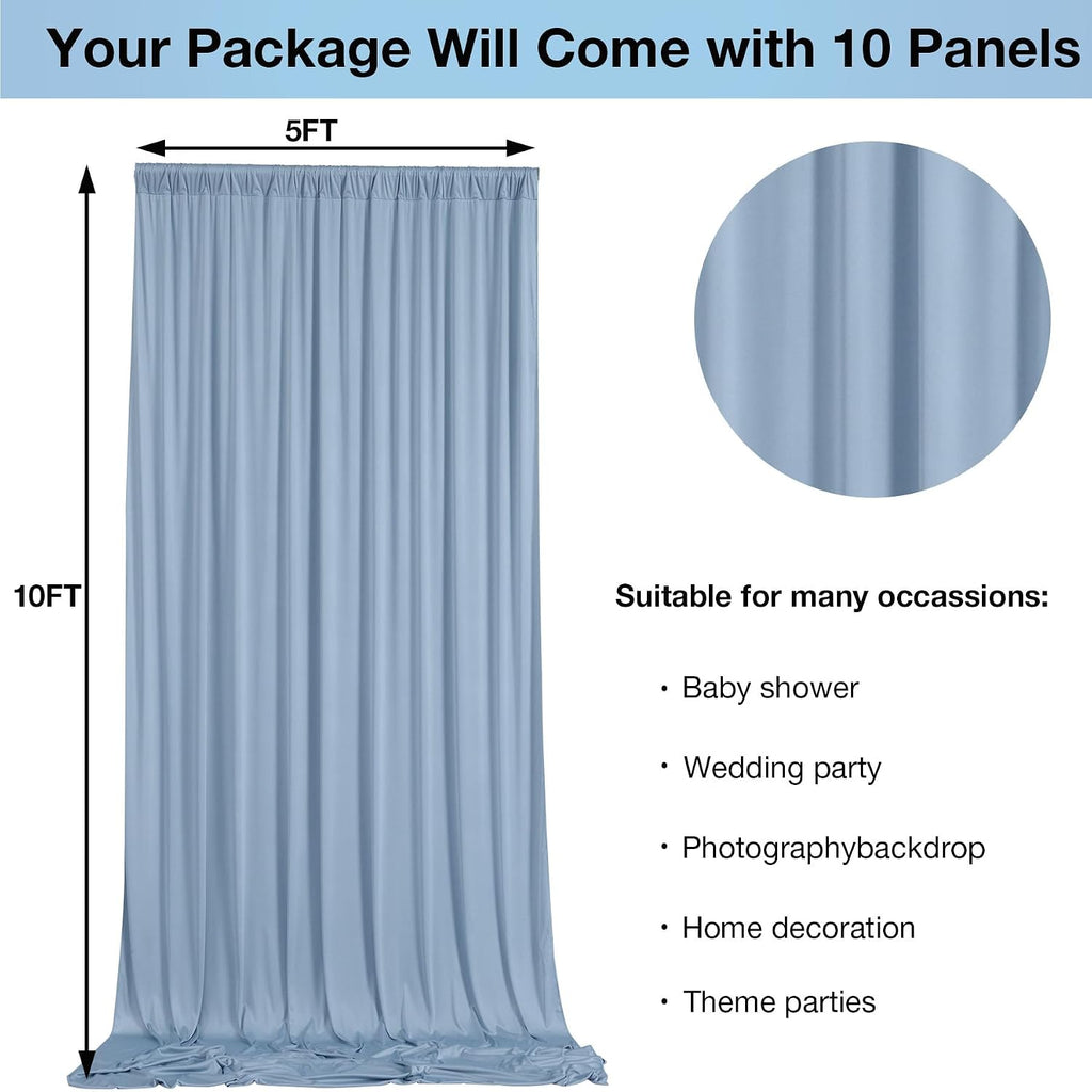 50ftx10ft Wrinkle Free Dusty Blue Backdrop Curtains for Parties, Silky Polyester Photo Backdrop Drapes 10 Panels 5x10ft Back Drop Cloth for Wedding Birthday Baby Shower Photography Background