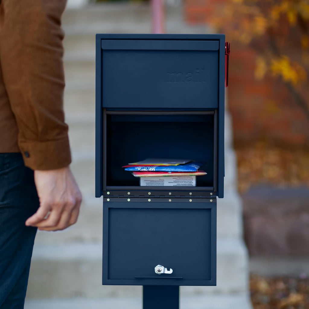 Adoorn Lockable Post Mount Mailboxes for Outside - Large Anti-Theft Locking Mailbox for Packages and Letters - Weatherproof Construction - Durable Steel - 15.5' H x 12' W x 18.5' D - Navy