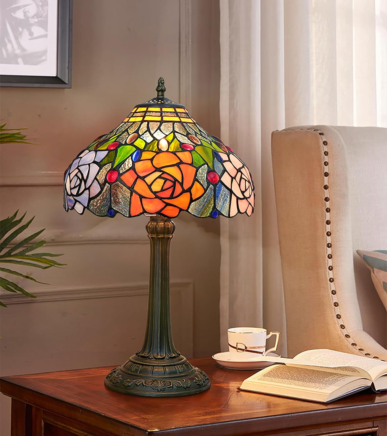 Tiffany Style Stained Glass Lamp Red Orange Purple Pink Rose Table Lamp Bedroom Bedside Reading Desk Light for Living Office Retro Unique Cute Accent Decor 12' Village Gift Nightstand Lamps