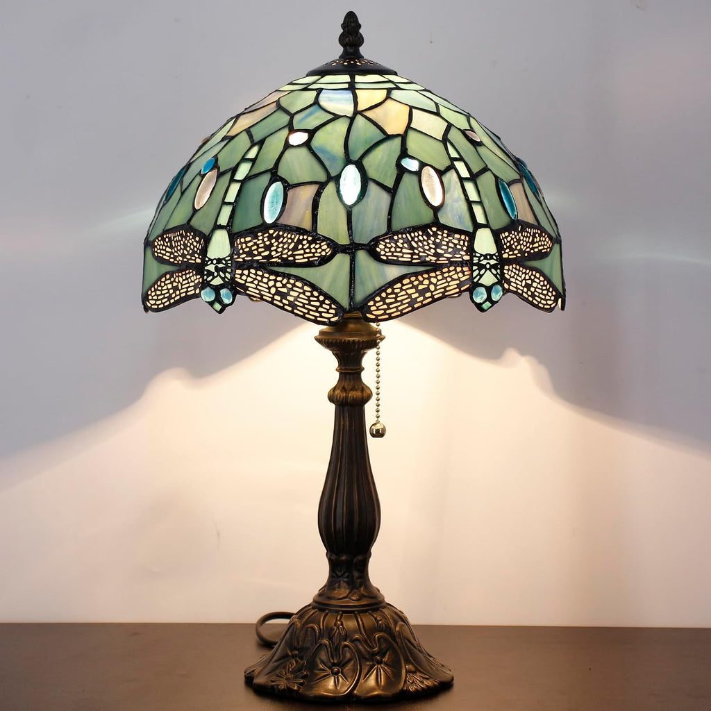 Tiffany Table Lamp Stained Glass Lamp 12X12X19 Inch Antique Reading Light (Sea Blue Dragonfly Style)
