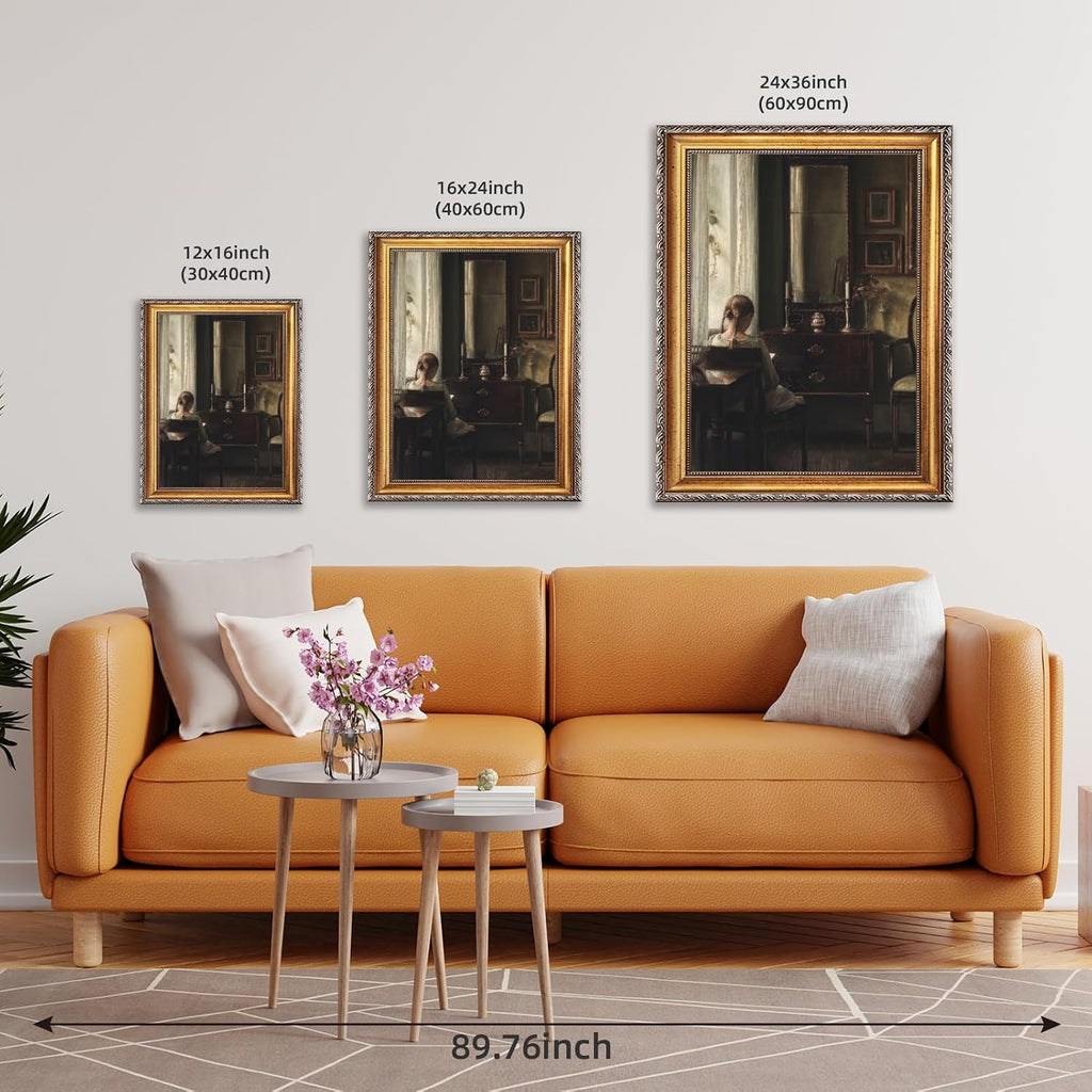 Large Framed Girl by Window Reading Book Canvas Wall Art Vintage European Feminine Booklish Oil Painting Poster Moody Musical Woman Artwork Print for Reading Nook Music Room Decor 24x36inch