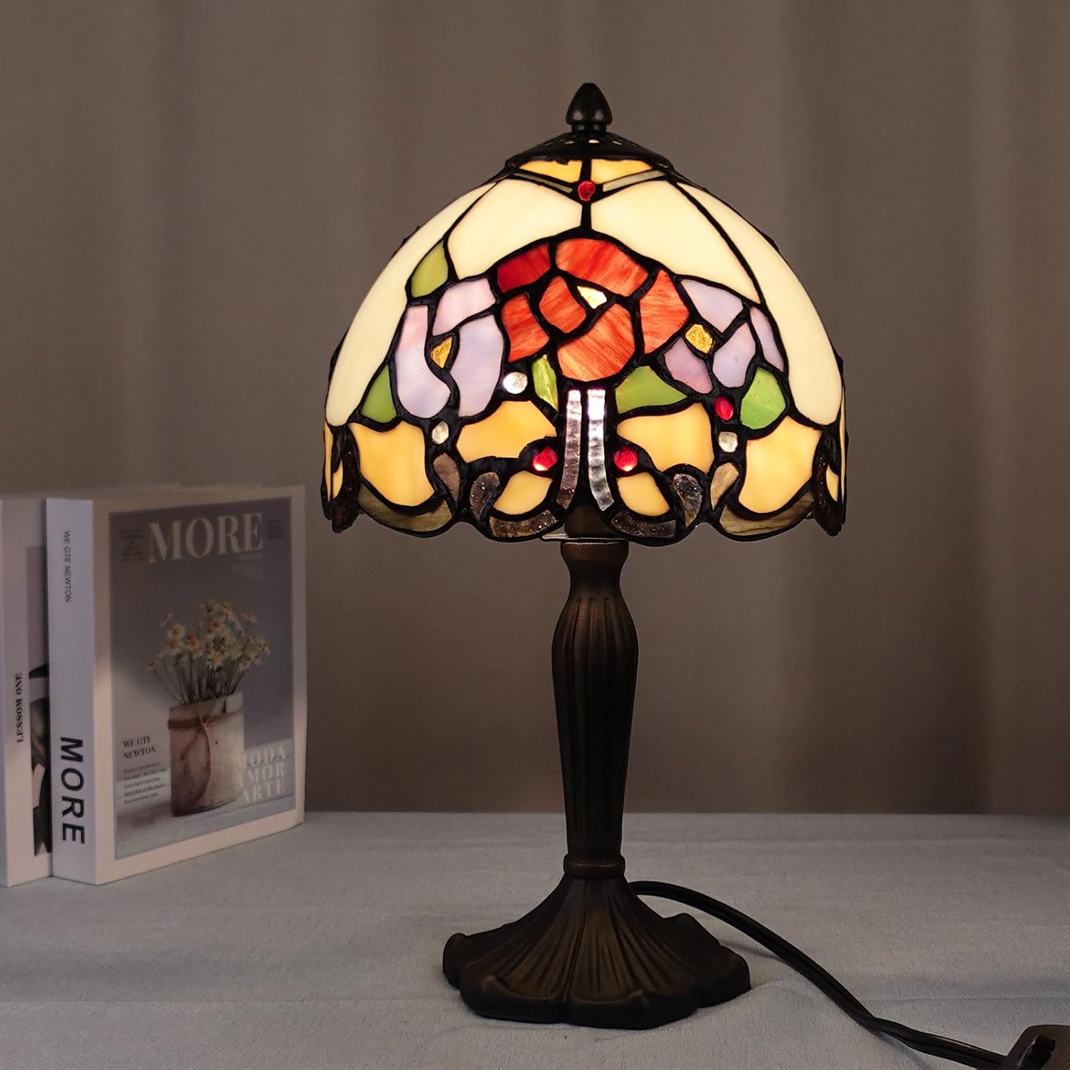 TL0010 Small Tiffany Lamp Rose Flowers Design Stained Glass Table Lamp 8' D x 14.25' H for Living Room Bedroom Bedside Nightstand Home Office, LED Buld Included (Rose Flower)