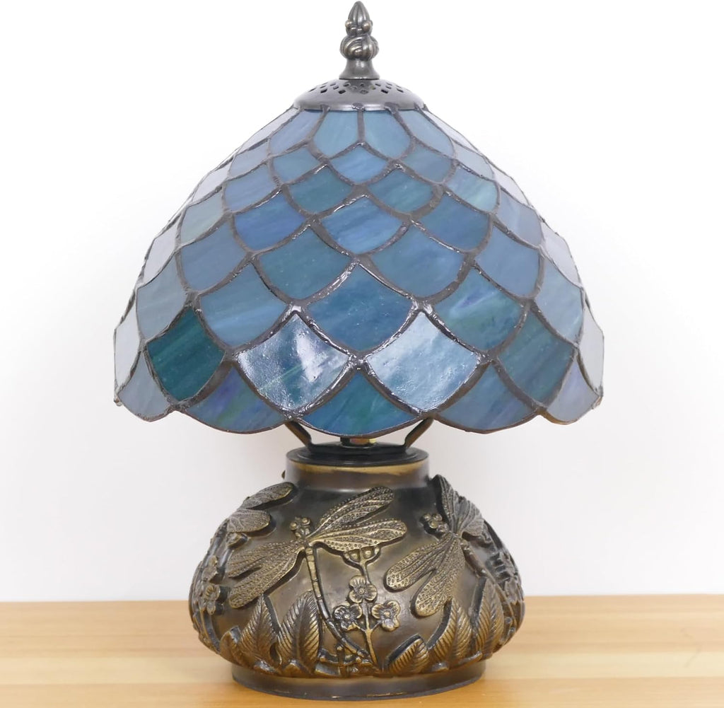 Small Tiffany Lamp Mini Stained Glass Table Lamp Mushroom Memory Sympathy Lamp 8X11 Inch (Fishscale Style)