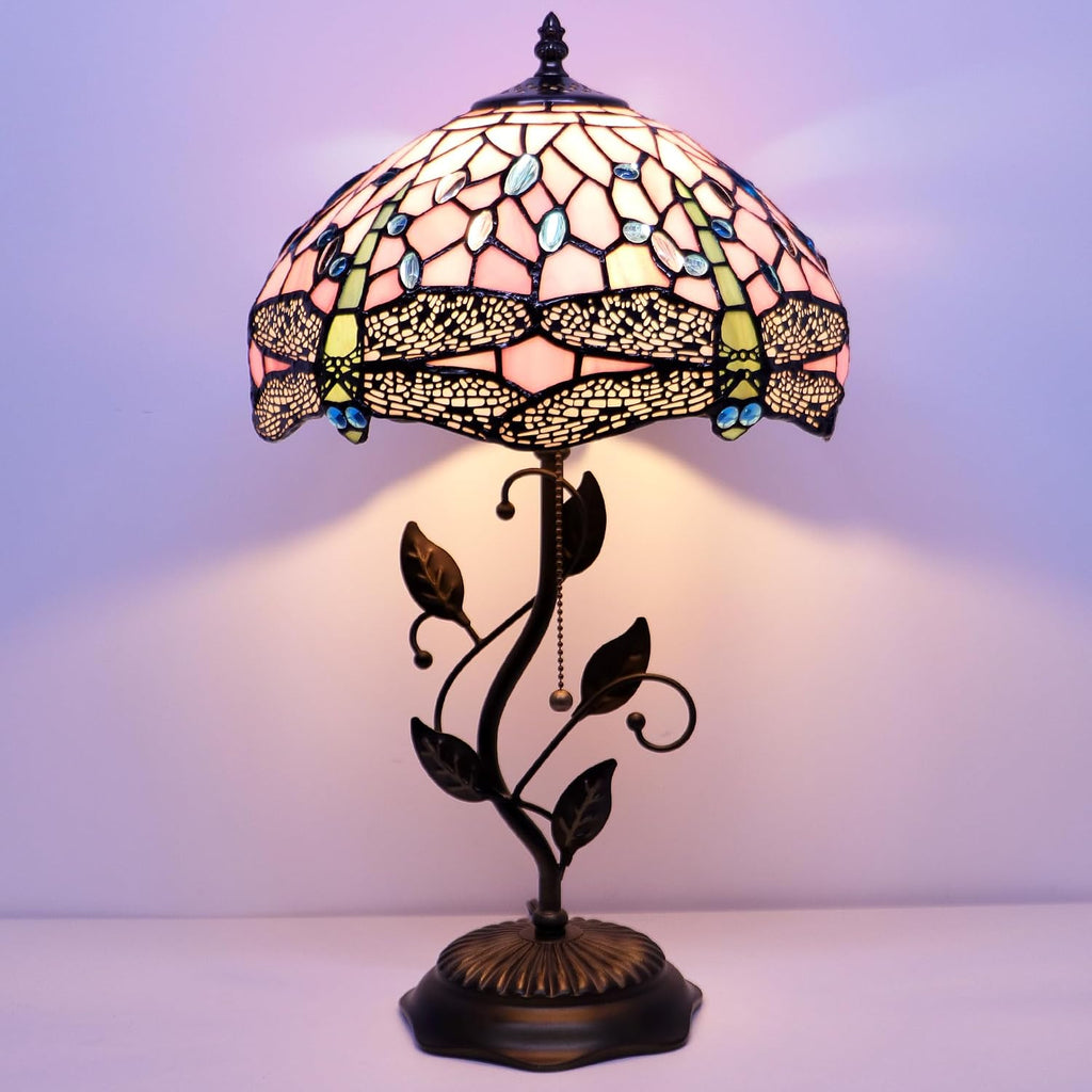 Tiffany Lamp Pink Dragonfly Style Stained Glass Table Lamp Desk Bedside Reading Light 12X12X19 Inches with Metal Leaf Base