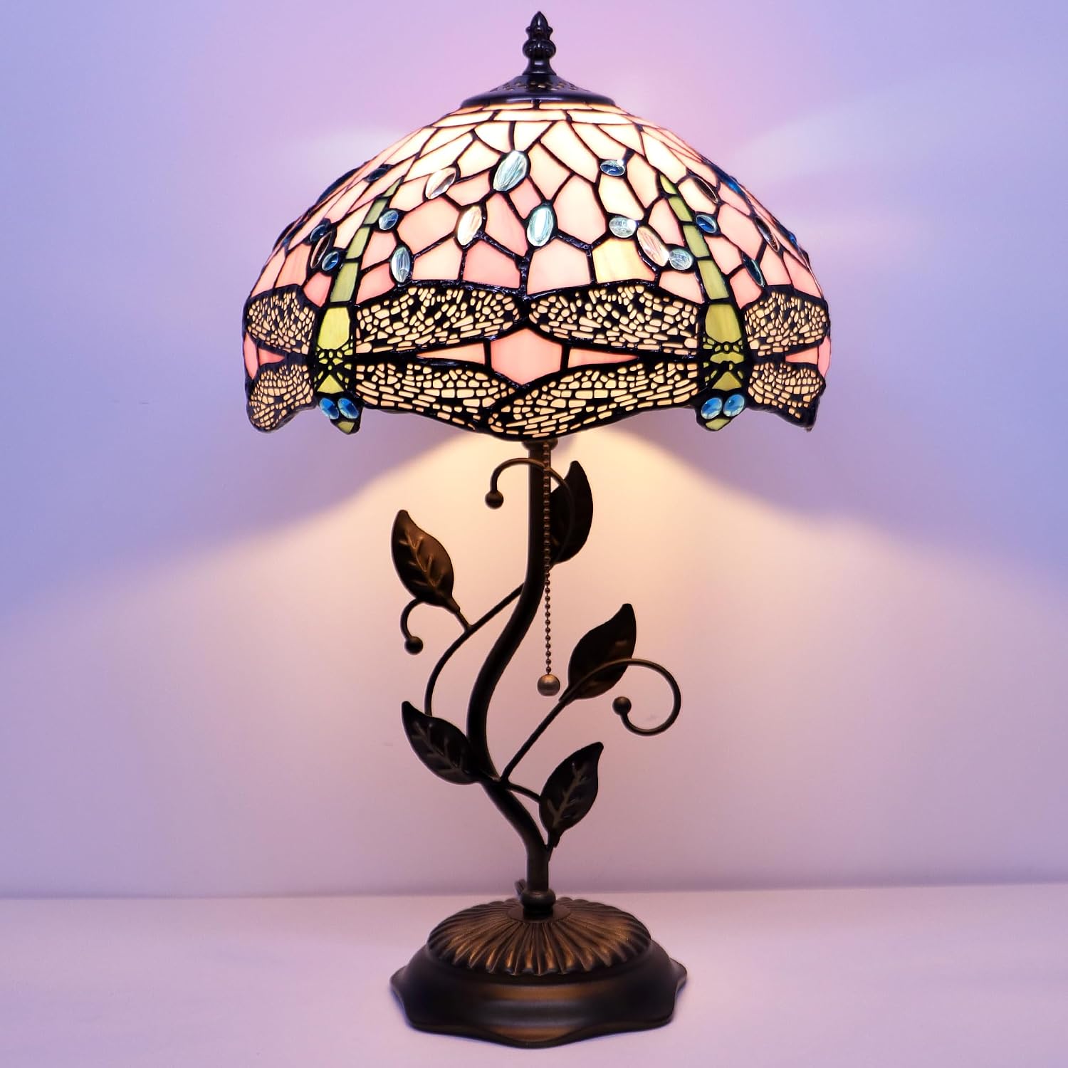 Tiffany Lamp Pink Dragonfly Style Stained Glass Table Lamp Desk Bedside Reading Light 12X12X19 Inches with Metal Leaf Base