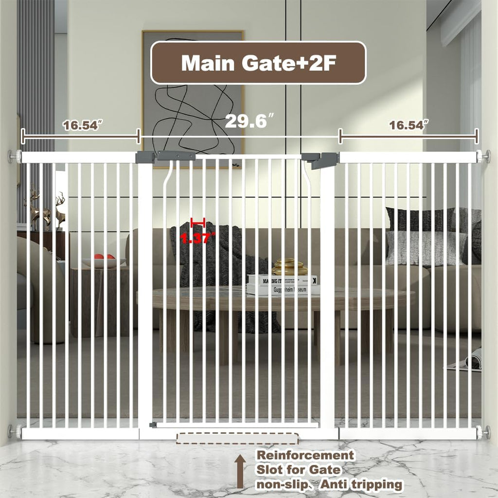 41' Extra Tall and Wide Baby Gate, 63-65.7'' Wide Pet Cat Gate for Doorway, Extra Wide Pressure Mounted Child Door with Expansion Kit, Metal Safe Gate, Tall Dog Gate, White