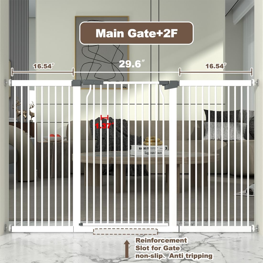 41' Extra Tall and Wide Baby Gate, 63-65.7'' Wide Pet Cat Gate for Doorway, Extra Wide Pressure Mounted Child Door with Expansion Kit, Metal Safe Gate, Tall Dog Gate, White
