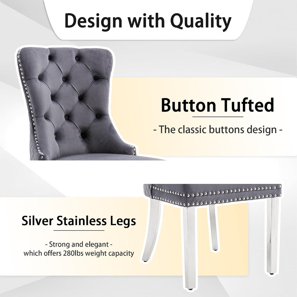 Velvet Dining Chairs Set of 6, Upholstered Dining Room Chairs, Mid-Century Modern Chairs with Diamond Lattice Tufted Back, Lion Pull Ring Rivet Trim, Silver Metal Legs for Kitchen, Dark Grey