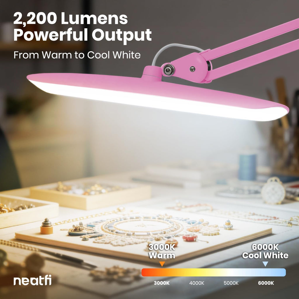 Neatfi XL 2200 Lumens 20W LED Desk Lamp with Clamp – Adjustable Color Temperature | 4-Level Dimmable Light | Home Office, Crafts & Workbench | 20-Inch Wide Head (Pink, CCT with Clamp)