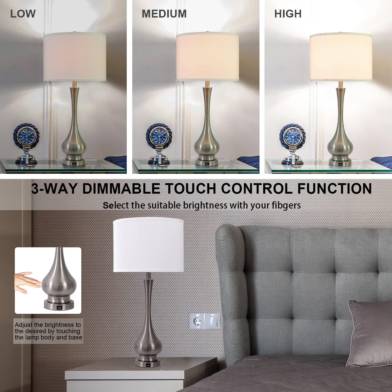 30' Large Modern Table Lamps Set of 2 for Living Room Bedroom with USB Charging Port,3-Way Dimmable Brushed Steel Nightstand Lamp Sets Bedside Touch Desk Lamp with White Fabric Shade (Bulb Included)