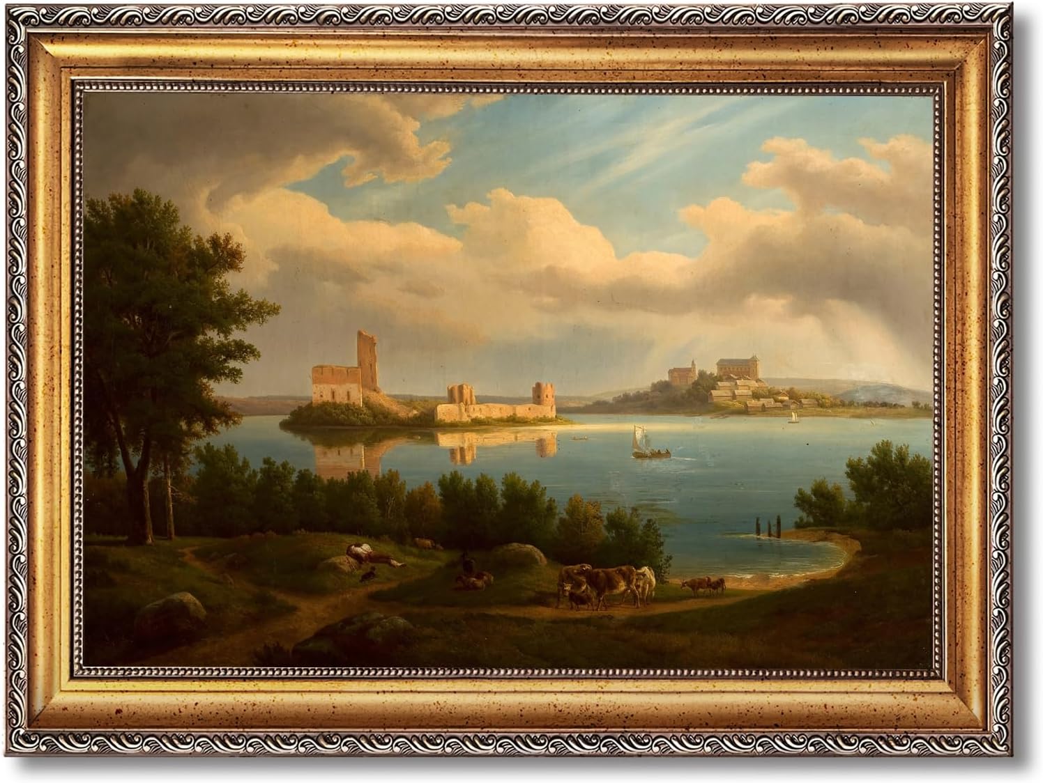 Large Framed Classical Coastal Castle Painting European Seaside Town Landscape Canvas Wall Art Print Harbor Fortress Poster Vintage Scenic Architecture Picture Decor for Living Room Office 24x36inch