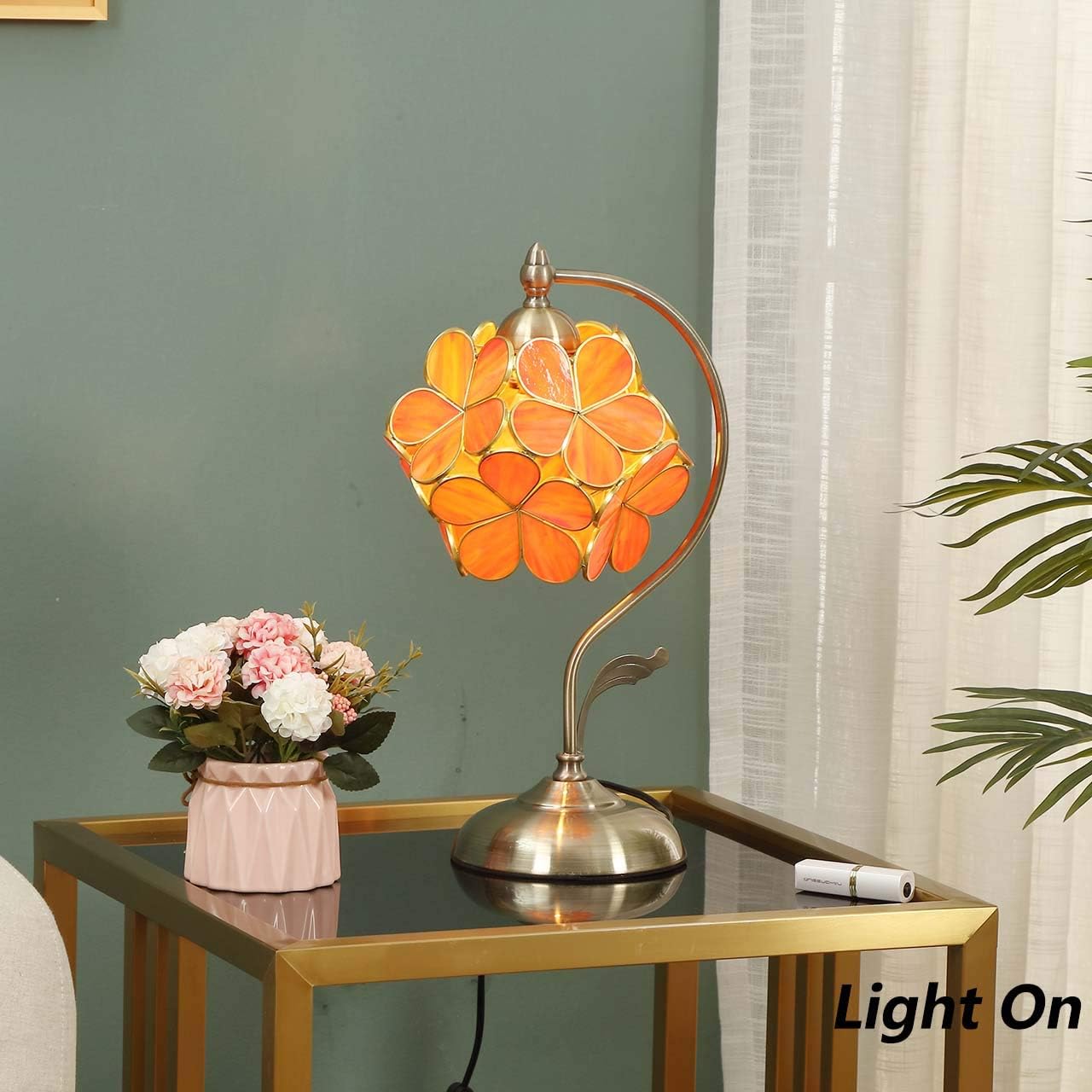 Bieye L10753 Tiffany Style Stained Glass Flower Petal Table Lamp with Brass Base for Home Décor (Orange, 8' Cherry Blossom)