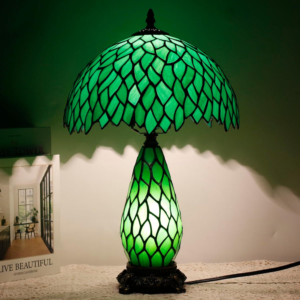 Tiffany Lamp Stained Glass Table Lamp 12X19 Inches Mother Daughter Vase Desk Accent Night Light for Bedroom Bedside Reading Home Antique Style (Green Wisteria)