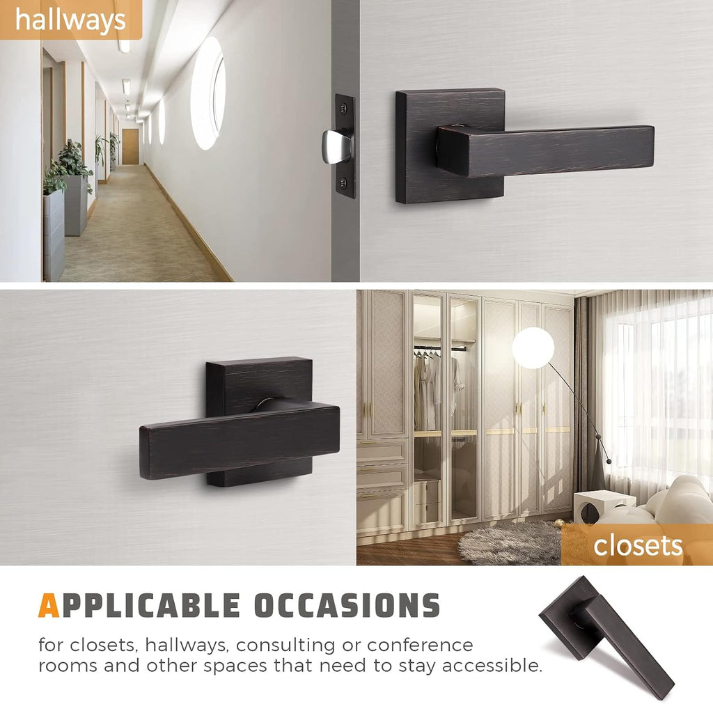 KNOBWELL 5 Pack Brushed Bronze Door Handle No Locking, Modern Square Passage Door Handle Interior Closet Door Knob for Hallway Pantry