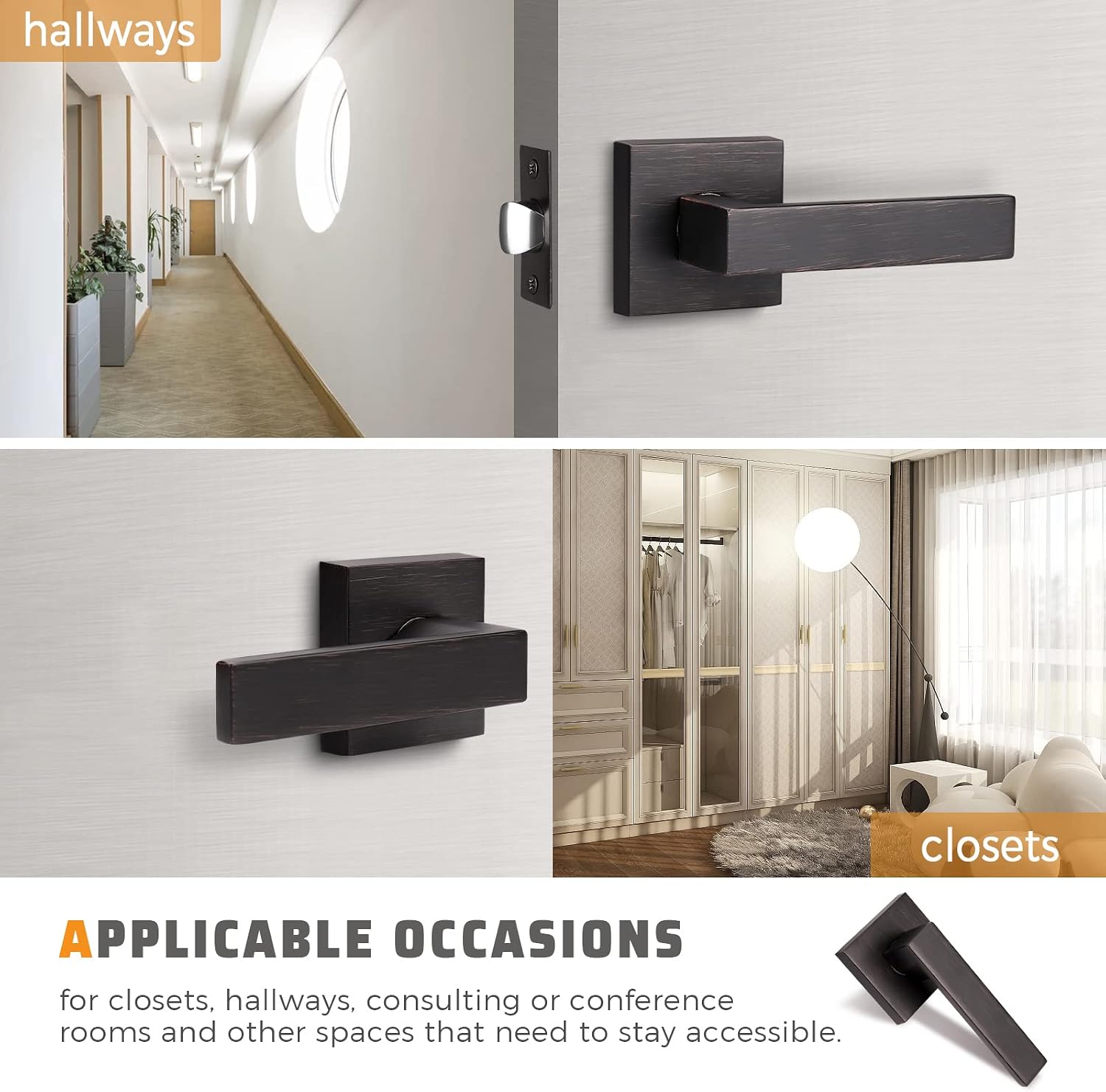 KNOBWELL 5 Pack Brushed Bronze Door Handle No Locking, Modern Square Passage Door Handle Interior Closet Door Knob for Hallway Pantry