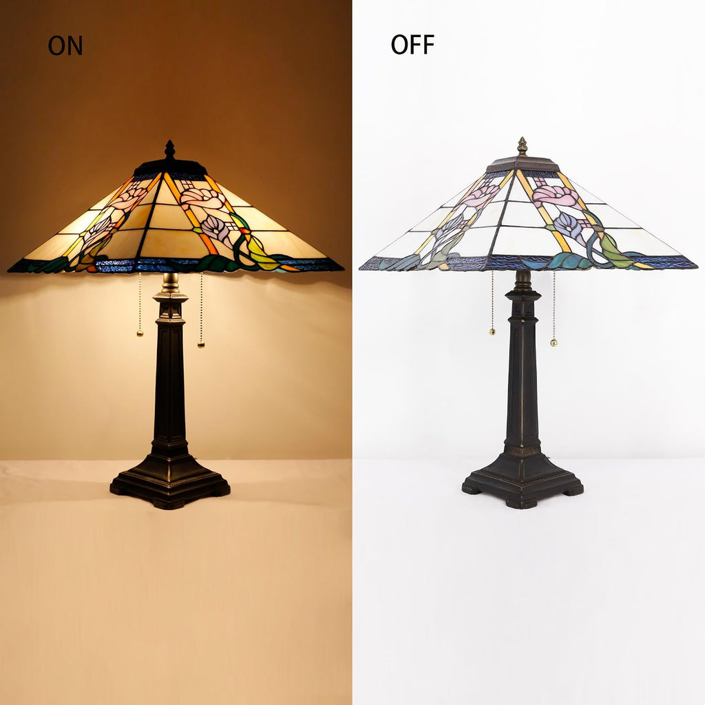 Tiffany Table Lamp Pink Flower Mission Style Stained Glass 16X16X23 Inches Desk Reading Light for Bedrooms Living Room Study Home Office