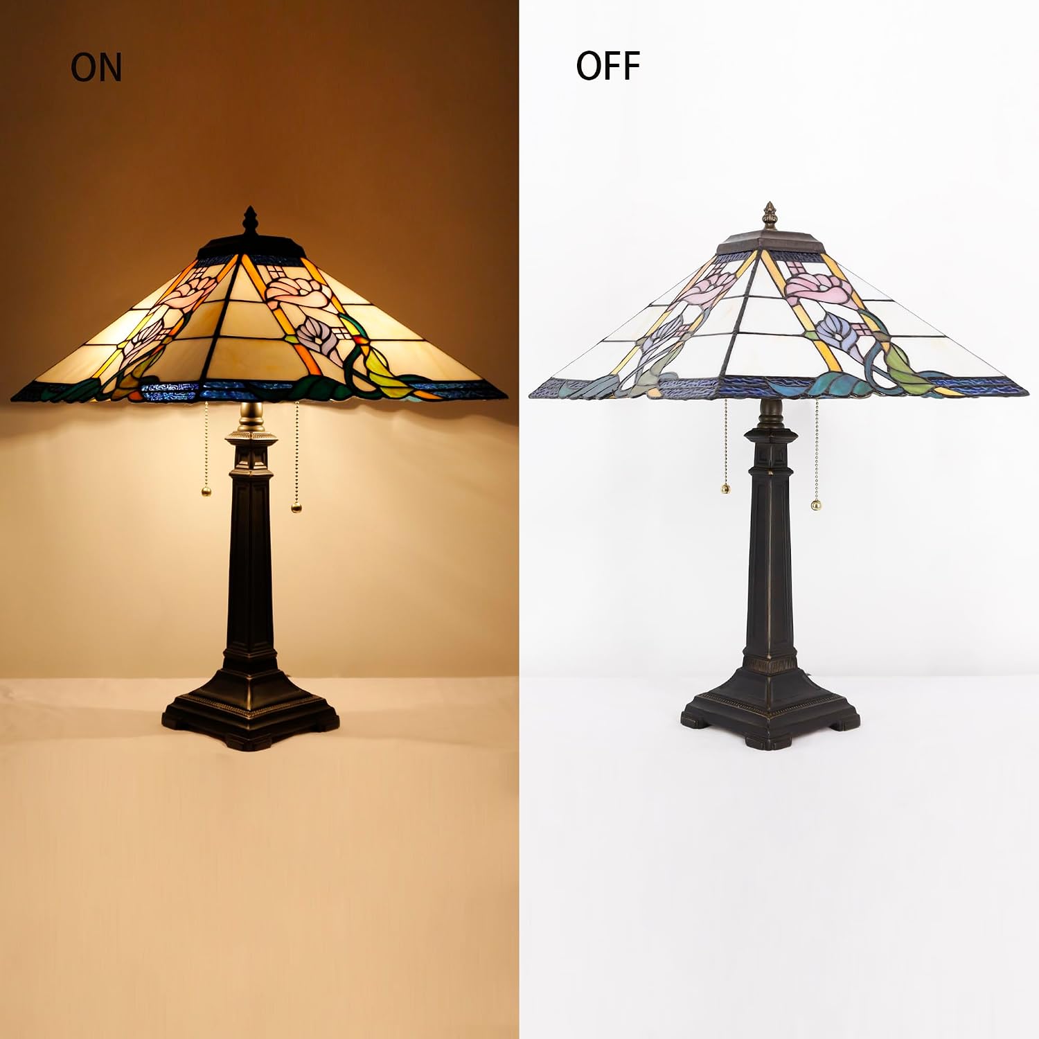 Tiffany Table Lamp Pink Flower Mission Style Stained Glass 16X16X23 Inches Desk Reading Light for Bedrooms Living Room Study Home Office