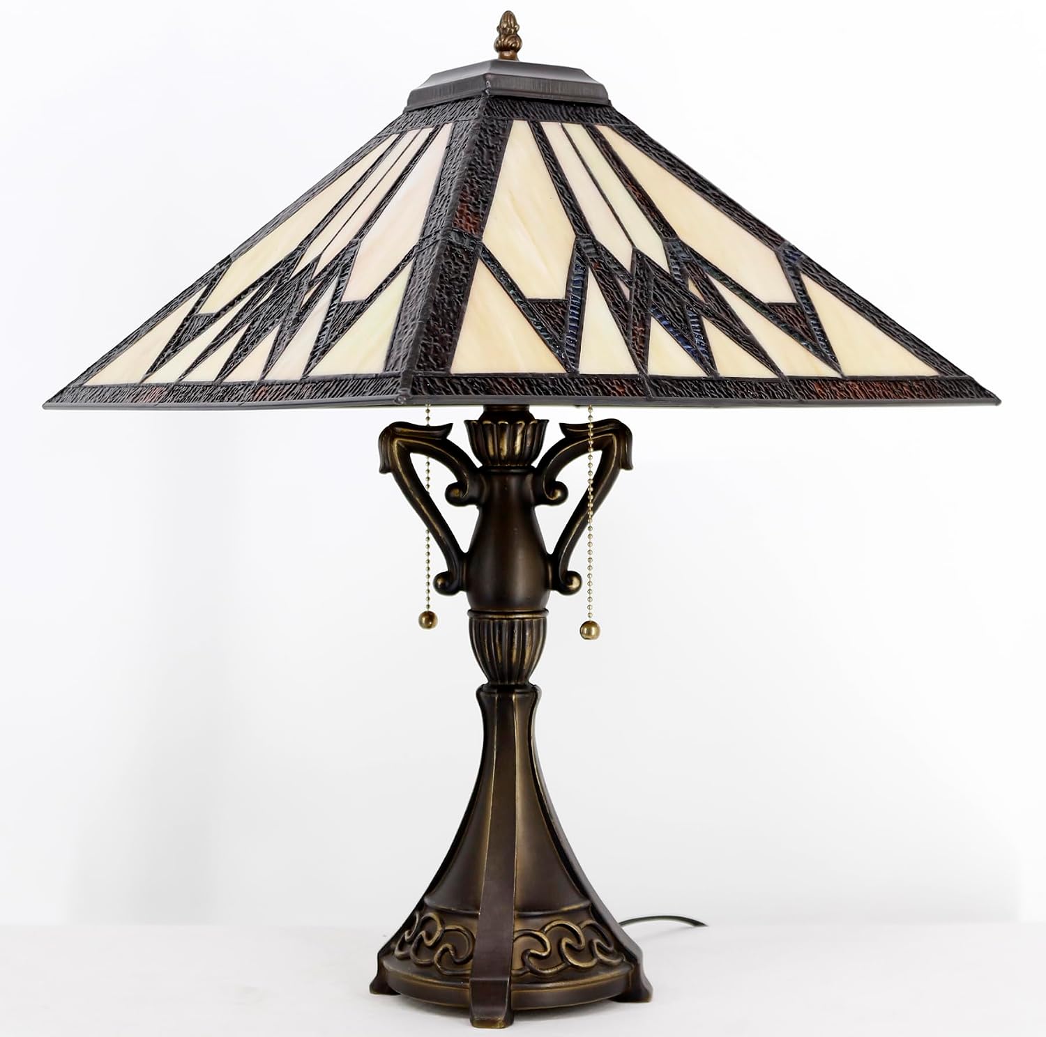 Tiffany Table Lamp Stained Glass Cream Amber Square Geometric Mission Style Desk Reading Light 16X16X24 Inch for Bedroom Living Room Home Office