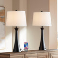 360 Lighting Karl 28 1/4' Tall Set of 2 Modern Table Lamps with USB Charging Ports and AC Power Outlet in Base Black Metal White Fabric Drum Shade for Bedroom Living Room House Bedside Nightstand