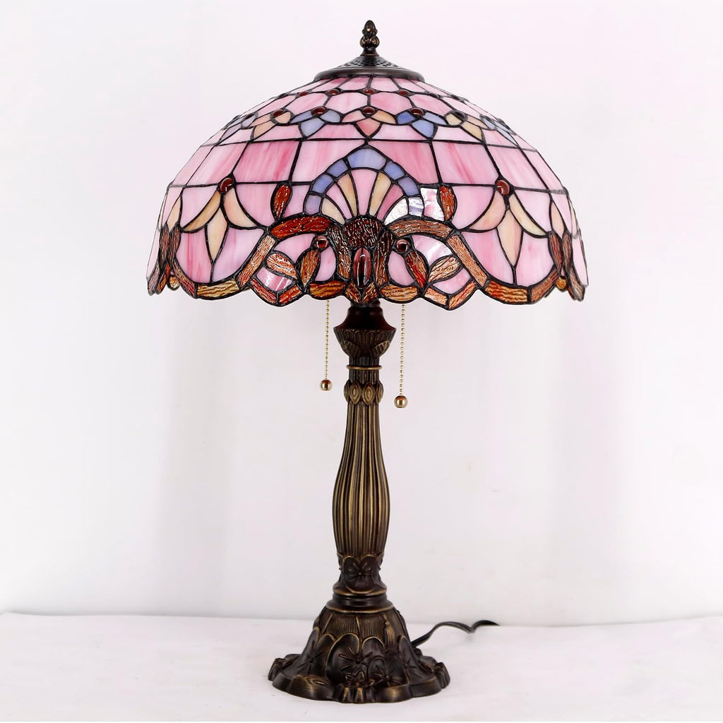 WERFACTORY Tiffany Lamp Pink Stained Glass Baroque Bedside Table Lamp Style Desk Light 16X16X24 Inches Decor Bedroom Living Room Home Office S003P Series