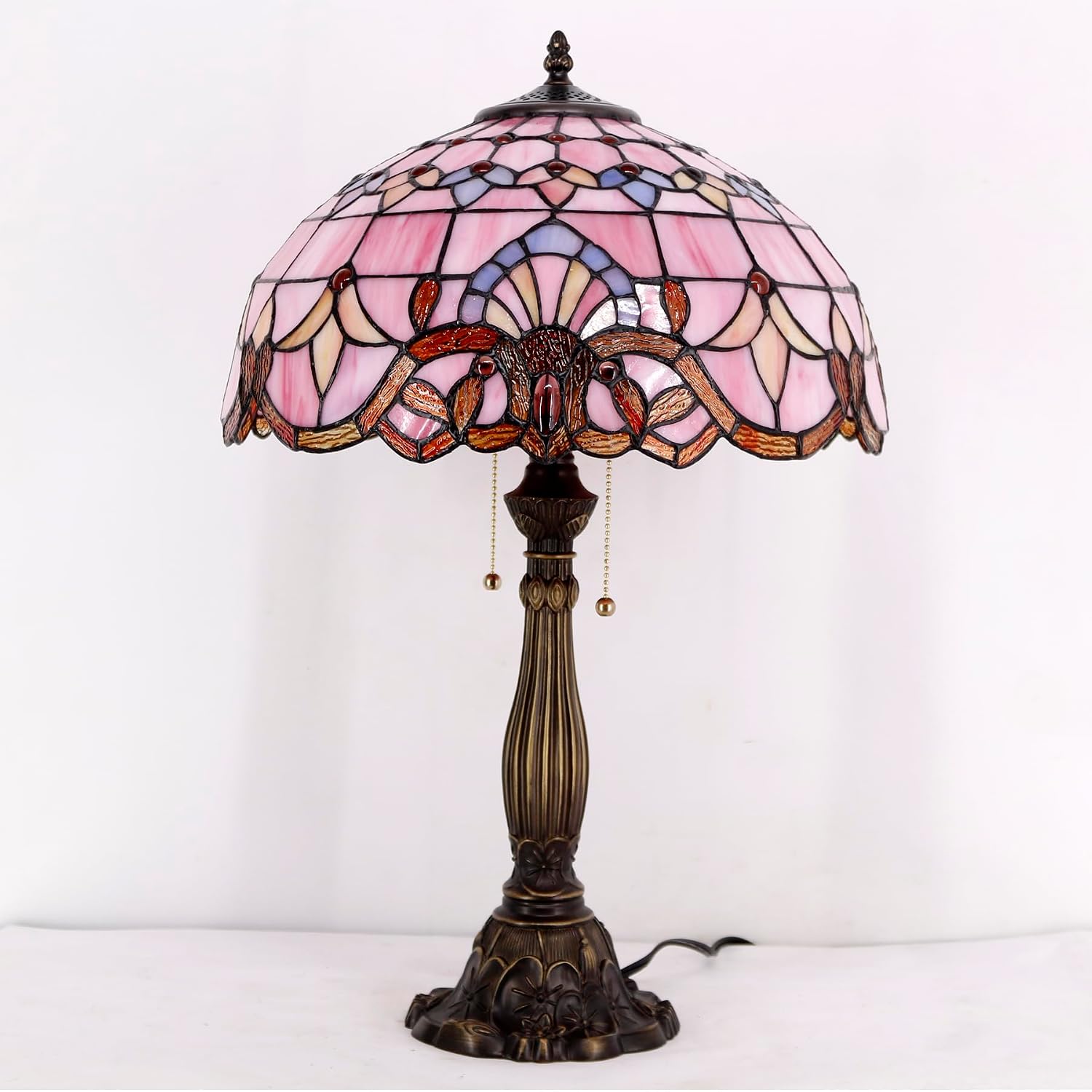 WERFACTORY Tiffany Lamp Pink Stained Glass Baroque Bedside Table Lamp Style Desk Light 16X16X24 Inches Decor Bedroom Living Room Home Office S003P Series