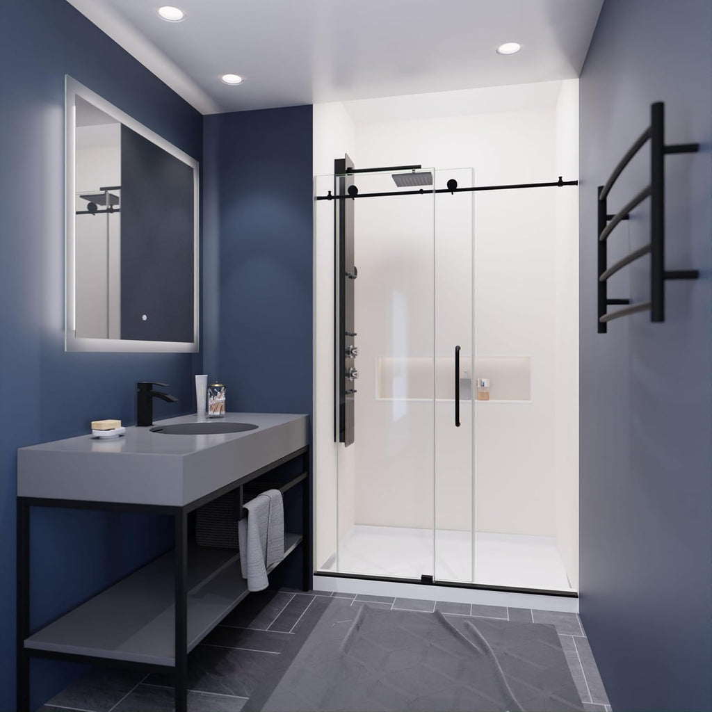 ANZZI 76' x 48' Frameless Shower Door, Matte Black, Madam Complete Shower Kit, Water Repellent Sliding Glass Panel + Bottom Seal Strip Parts + Easy Glide Rollers (SD-AZ13-01MB)