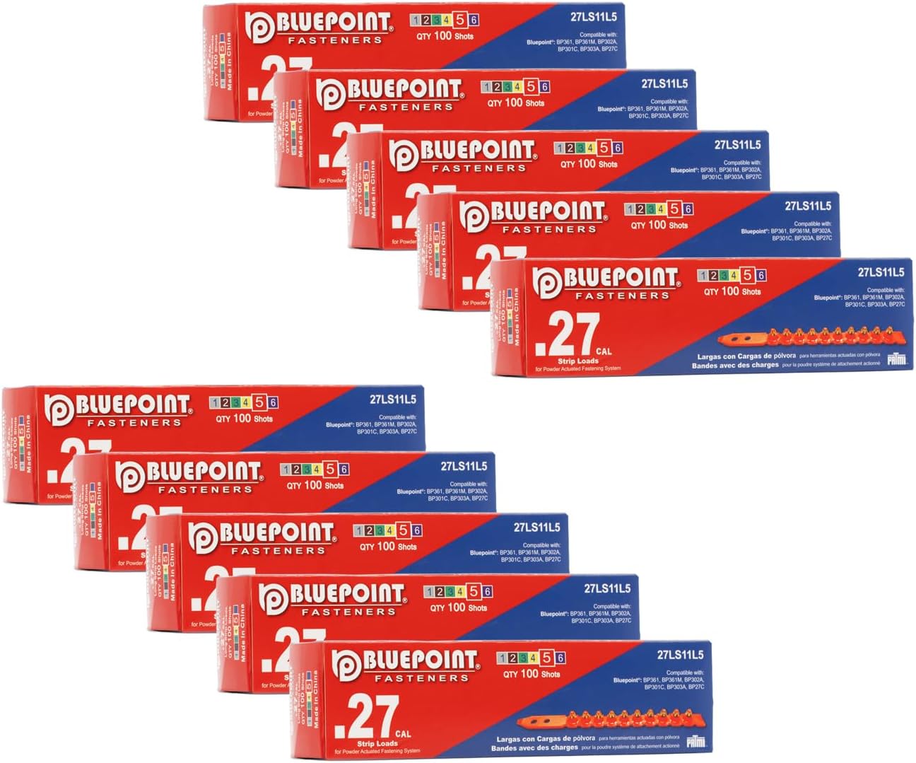 BLUEPOINT .27 Caliber RED Strip Powder Loads for Power Actuated Fastening System (1000 Count). Item#27LS11L5. Ideal for Reliable Fastening Applications. 10-Pack Save $30