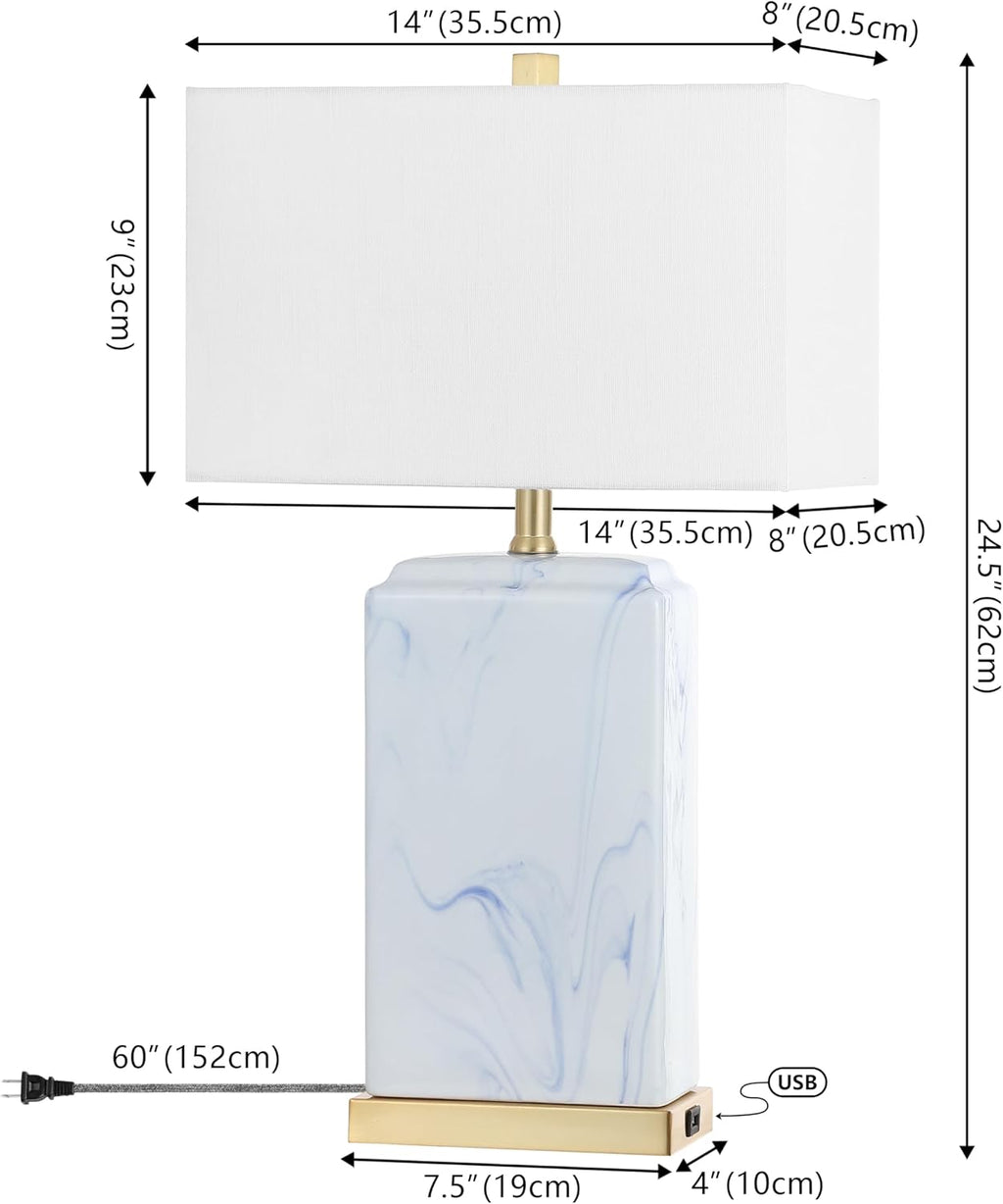 JONATHAN Y 24.5' Blue and White Marbled Ceramic LED Table Lamp Set of 2 with USB Port, Modern Coastal Iron Nightstand Lamp, Brass Gold Accents, LED Bulbs Included JYL1140A-SET2