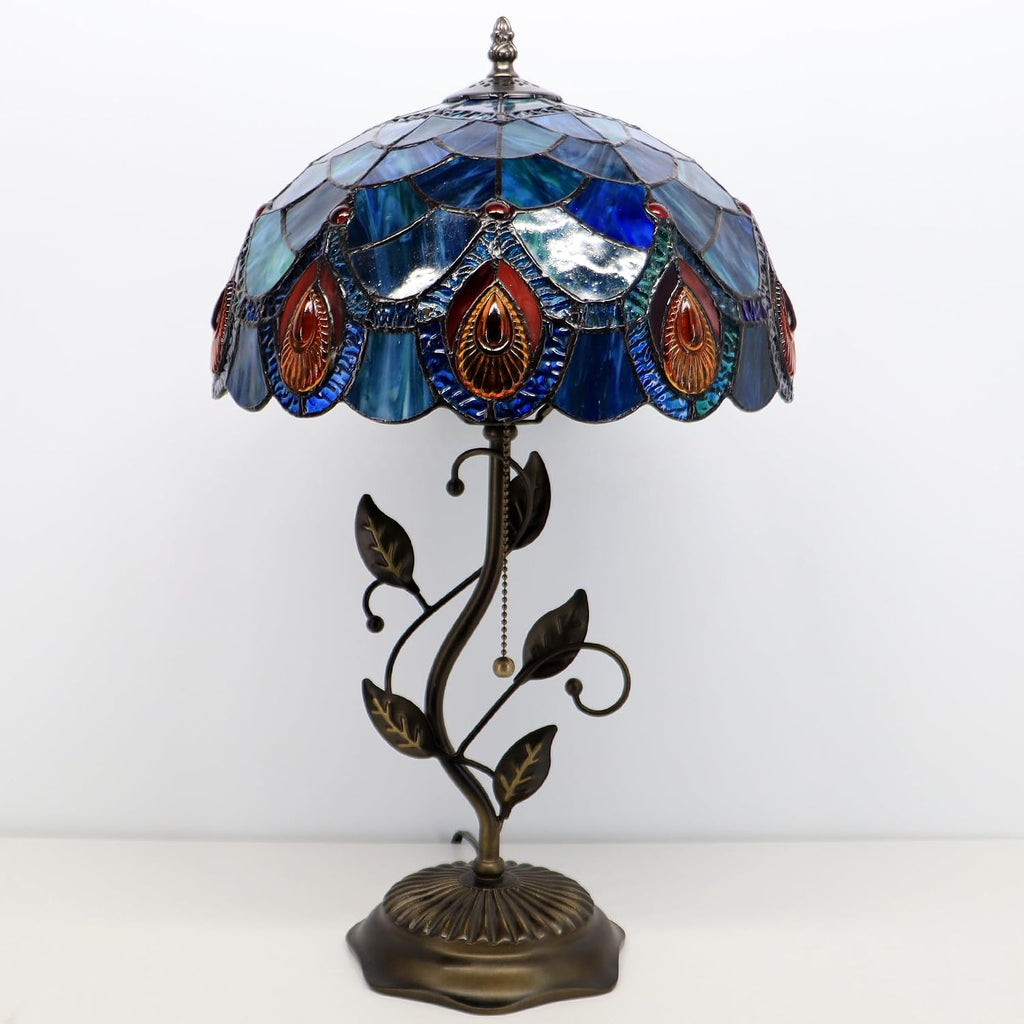 Tiffany Lamp Sea Blue Peacock Tail Style Stained Glass Table Lamp Desk Bedside Reading Light 12X12X19 Inches with Metal Leaf Base