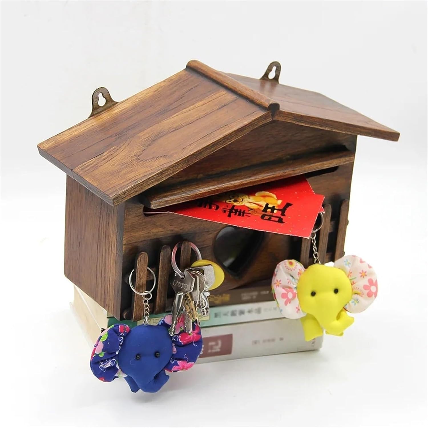 Heart Mailbox Wall Mount Drop Box House Letter Delivery Box Wooden Outdoor Curbside Mailbox Post Office Box Large Capacity(Large)