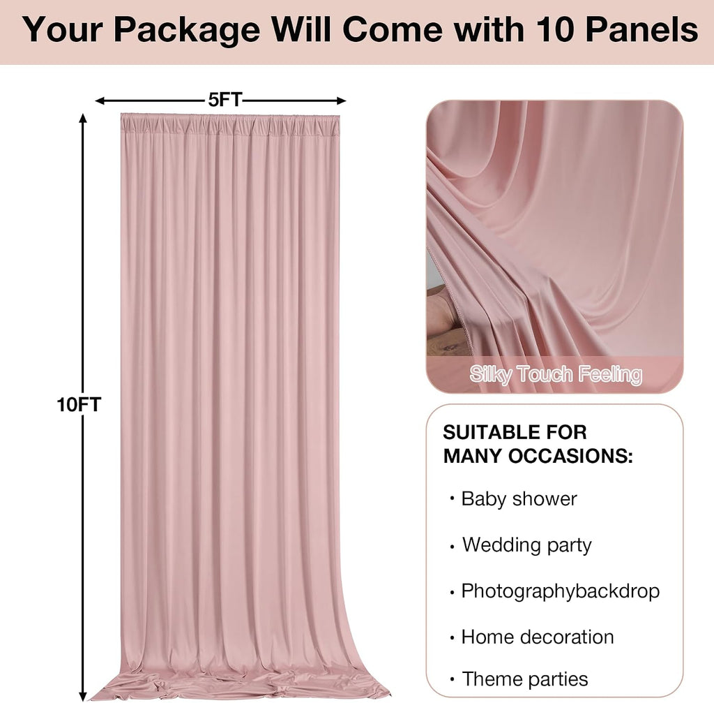 50ftx10ft Wrinkle Free Dusty Pink Backdrop Curtains for Parties, Silky Polyester Photo Backdrop Drapes 10 Panels 5x10ft Back Drop Cloth for Wedding Birthday Baby Shower Photography Background