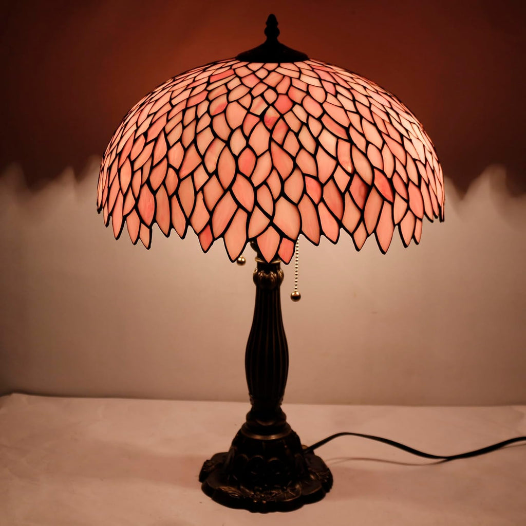 WERFACTORY Tiffany Lamp Stained Glass Style Bedside Table Lamp Pink Wisteria Desk Reading Light Resin Base 16X16X24 Inches Decor Bedroom Living Room Home Office S523P Series