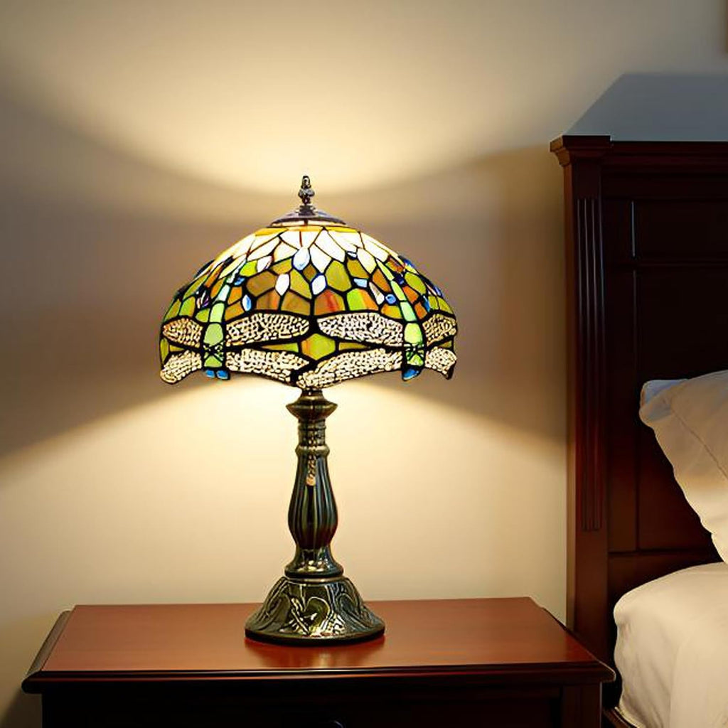 Tiffany Lamp Stained Glass Table Lamps Amber White Dragonfly Style Desk Lamp 12X12X18.5 Inch Bronze Ceramic Base Reading Light Suitable for Bedside Bedroom Living Room Dining Room Office