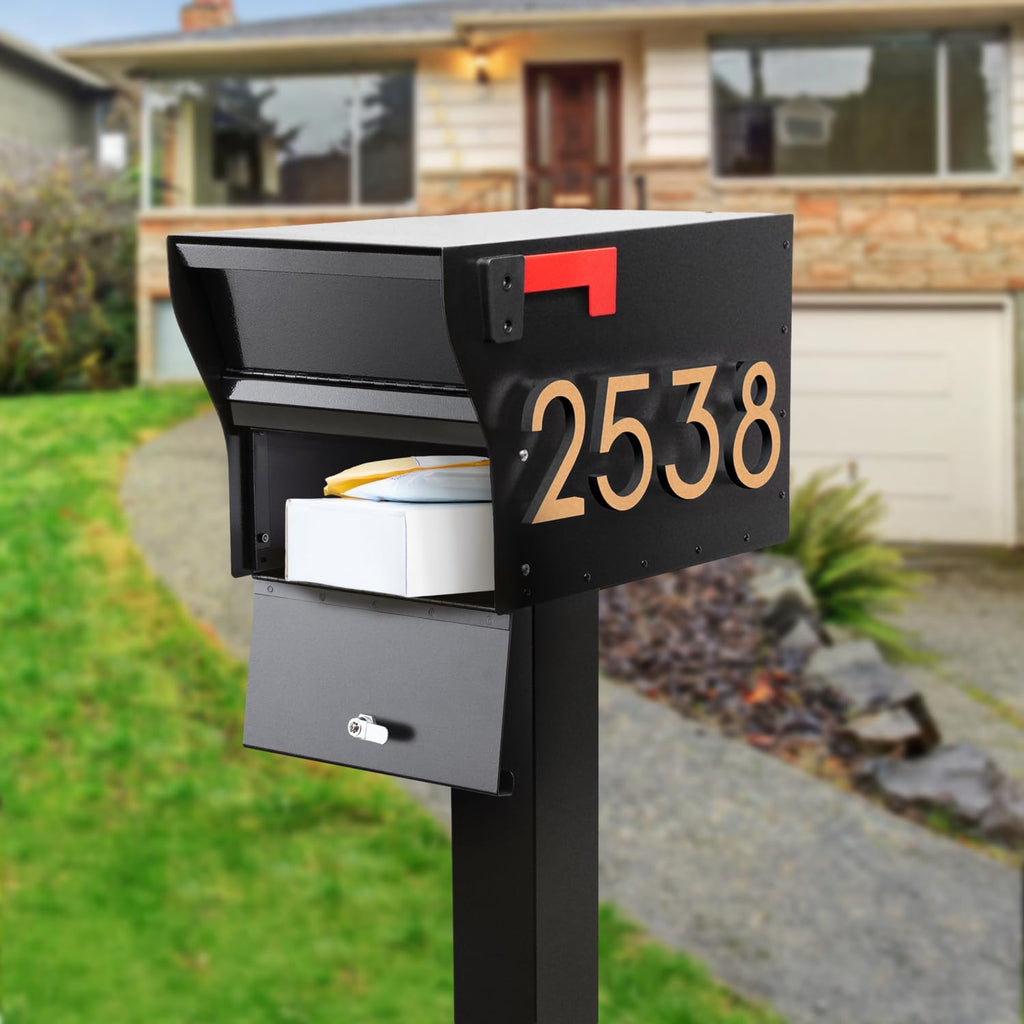 Whitehall MailVault Streetside Locking Mailbox with Standard Post and Personalizable Stand-Off Numbers – Steel, Secure Weather Resistant Modern Square Mailbox & Post (Black/Gold)