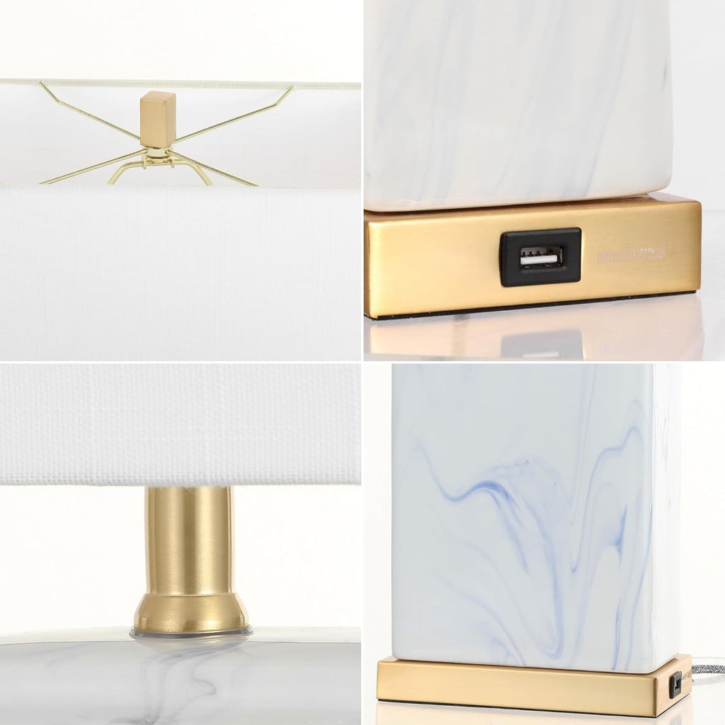 JONATHAN Y 24.5' Blue and White Marbled Ceramic LED Table Lamp Set of 2 with USB Port, Modern Coastal Iron Nightstand Lamp, Brass Gold Accents, LED Bulbs Included JYL1140A-SET2